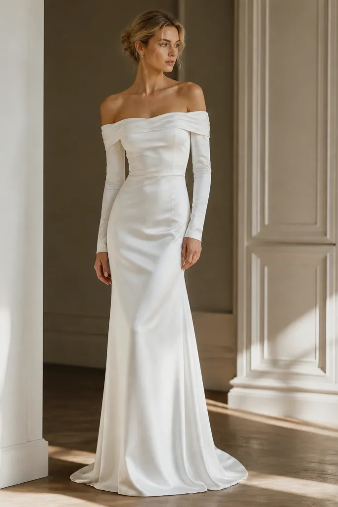 A sleek satin slip-style wedding dress in soft white with an off-shoulder neckline and long sleeves. The skirt falls straight with a gentle shine. There’s minimal ornamentation, showing a smooth, high-end finish.