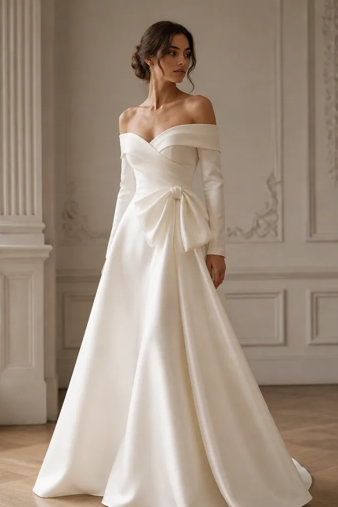 An ivory wedding dress with an off-shoulder neckline and long sleeves. The waist has a draped bow made from matching fabric, creating a gathered, romantic knot. The skirt is softly structured and flows to the floor.