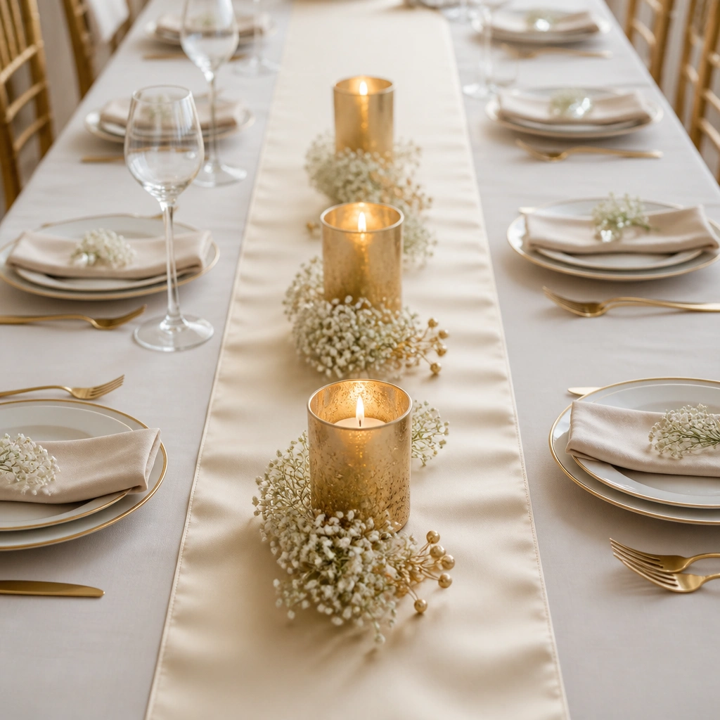 A long satin champagne runner centered on a wedding table, with three short gold candle holders lined along the runner. Between the candles are small clusters of cream baby's breath and tiny gold bead accents; place settings sit evenly on both sides.