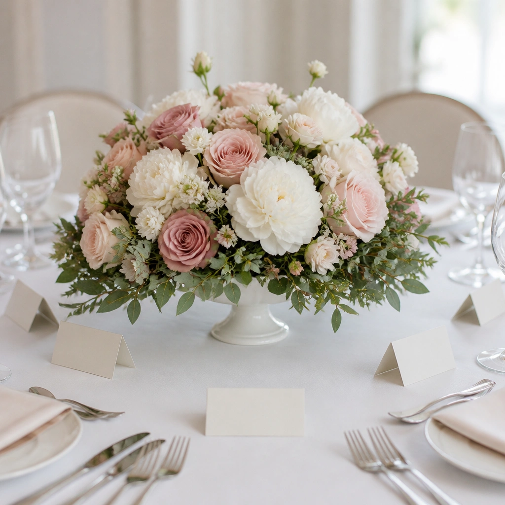A round pedestal centerpiece on a white tablecloth. The top is filled with mixed blush and white blooms, surrounded by a low ring of greenery that sits close to the table. Around it are neatly spaced place cards and cutlery.