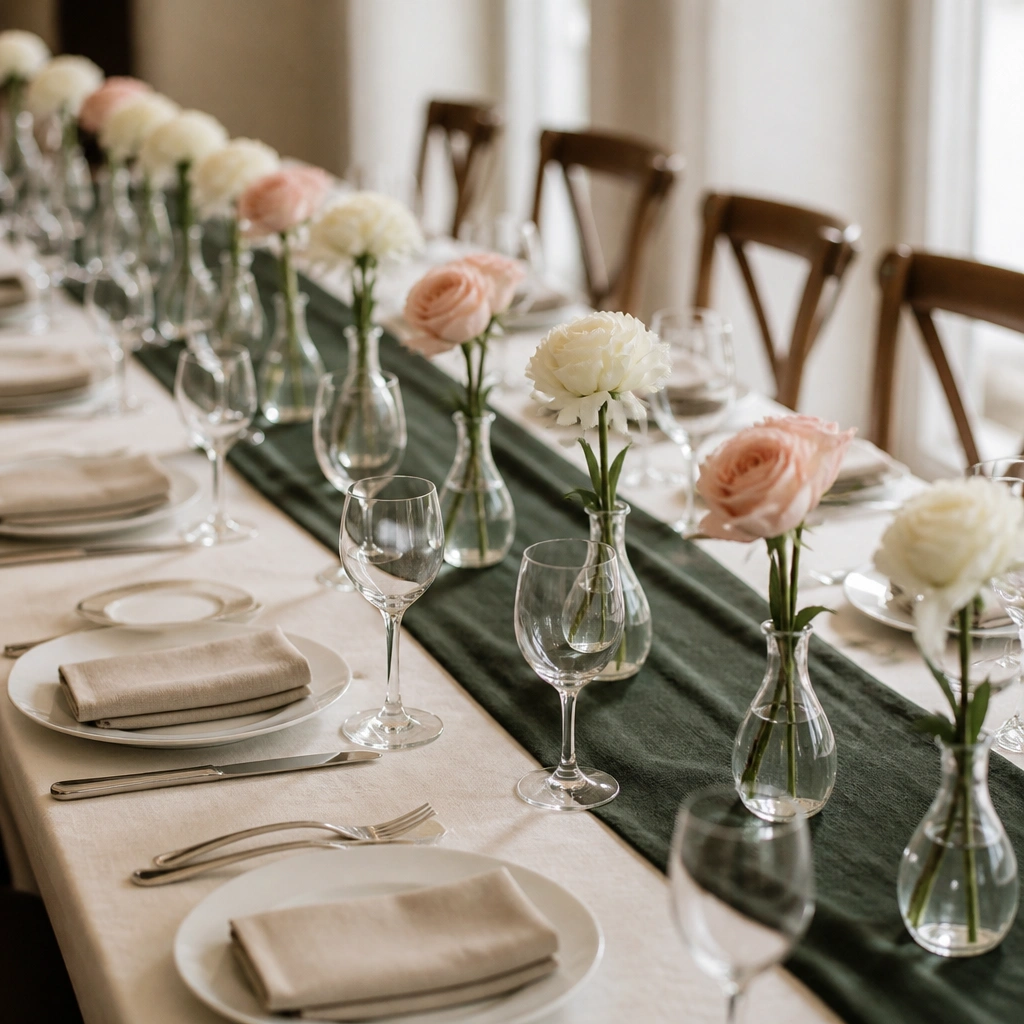 A long banquet table with a dark green runner. Along the center are evenly spaced small bud vases, each filled with one type of flower - alternating cream and blush. The vases repeat every few place settings, creating a rhythm down the table.