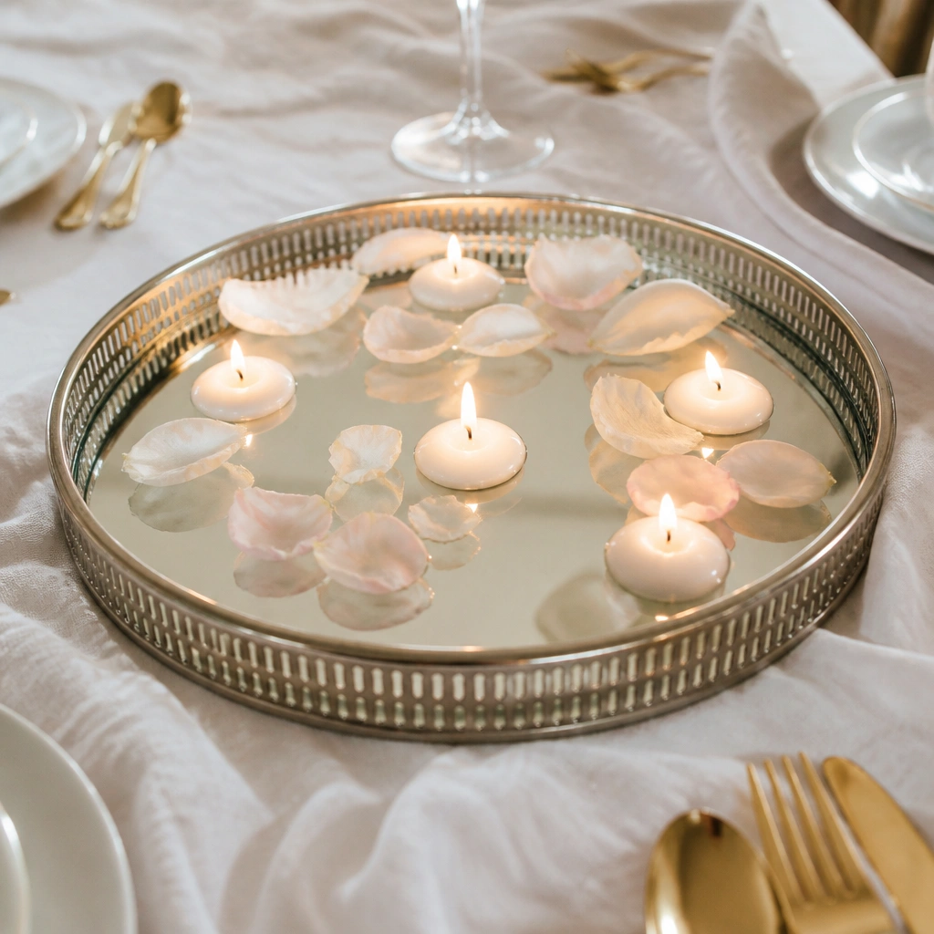 A round mirrored tray centerpiece with a shallow tray filled with clear water. Several floating candles and a few floating flower petals sit on top. Soft white linen and subtle gold flatware surround the tray.