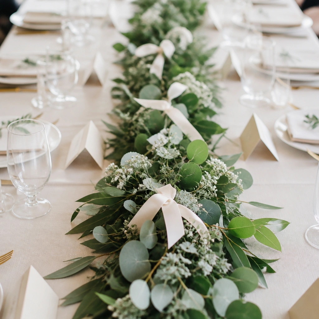 A lush long garland centered on a table with thick greenery and small white filler flowers. Matte white ribbon is tied into small knots at intervals, creating texture along the runner. Place cards are visible on both sides.