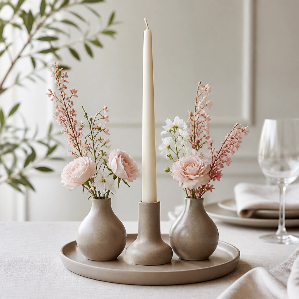 A round centerpiece base with a single tall taper candle in the center and two small bud vases flanking it. The flowers are light pink and white, and the base is a neutral ceramic in a soft taupe tone.