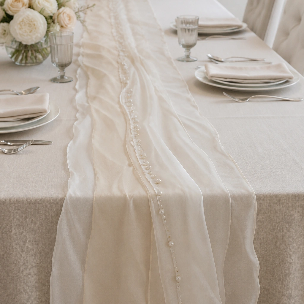 A long table runner made of layered fabric with gentle overlap. Tiny pearl-like beads are scattered along the center seam, and the runner edges fall slightly over the table. The table setting is neutral with silver cutlery.