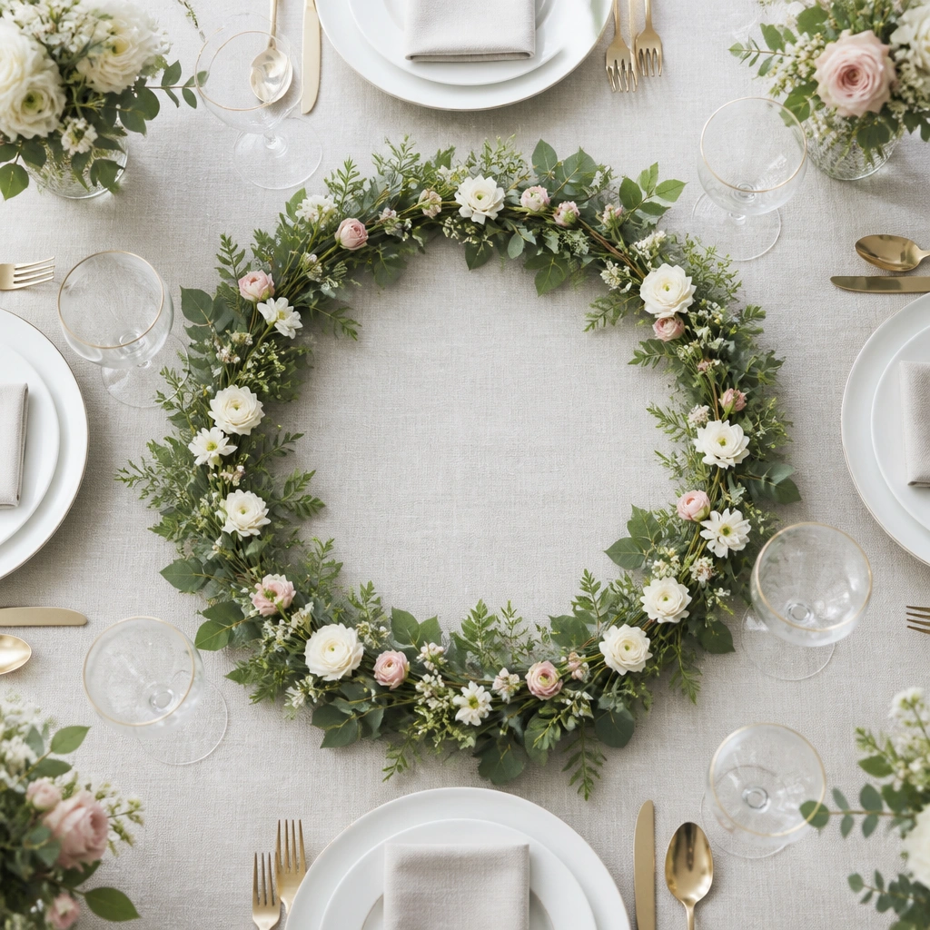 A circular floral ring sitting flat on the table. The ring is made of greenery with small white and pale pink blooms spaced around it. The center is open, showing the tablecloth beneath; surrounding place settings are evenly spaced.