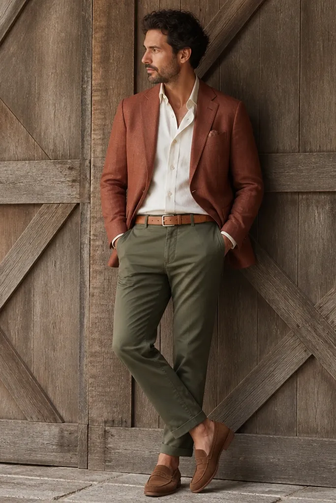 A rust-colored linen blazer layered over a cream shirt, paired with olive chinos. The look includes a light tan belt and brown suede loafers against a barn door backdrop.
