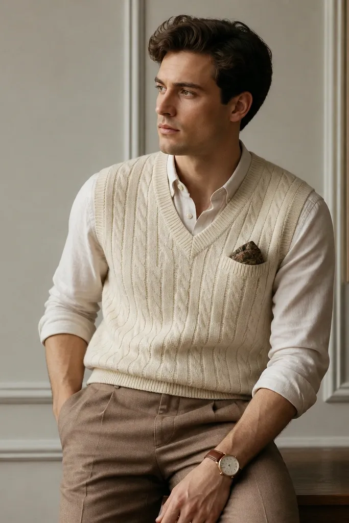 A cream cable-knit sweater vest over a pale button-down, with light brown tailored trousers. The outfit is styled with a patterned pocket square and a simple leather watch.