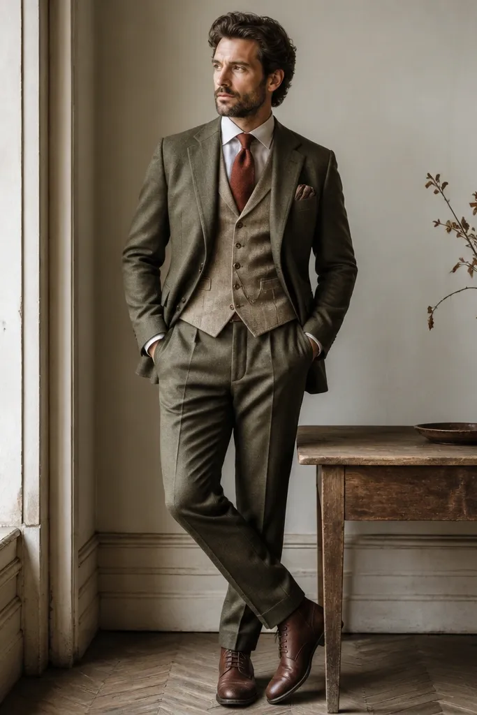 An olive twill three-piece suit with a rust necktie, worn with a lighter natural waistcoat. The ensemble is paired with brown leather lace-up boots.