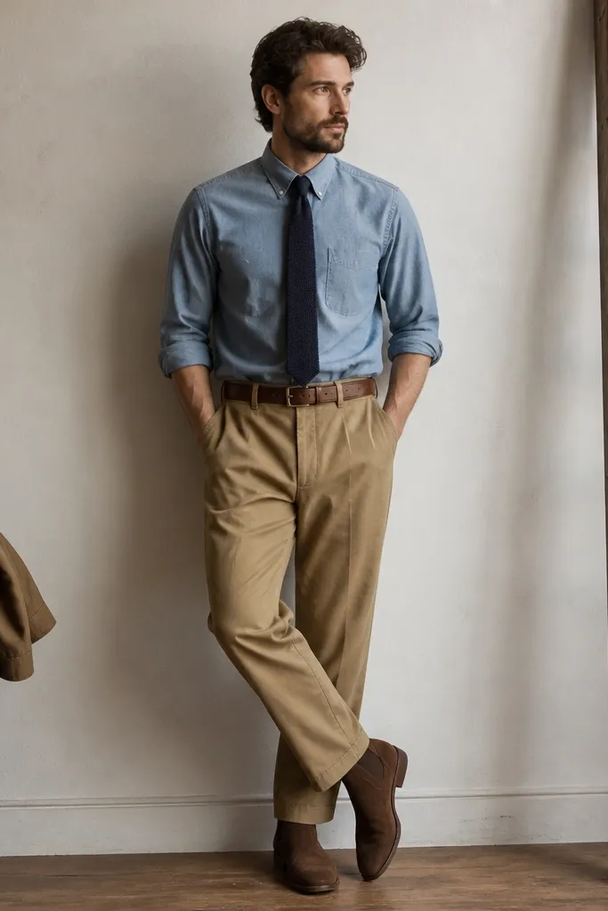 A chambray button-down tucked into tan workwear trousers, with rolled sleeves and a leather belt. The styling includes brown suede boots and a simple knit tie.