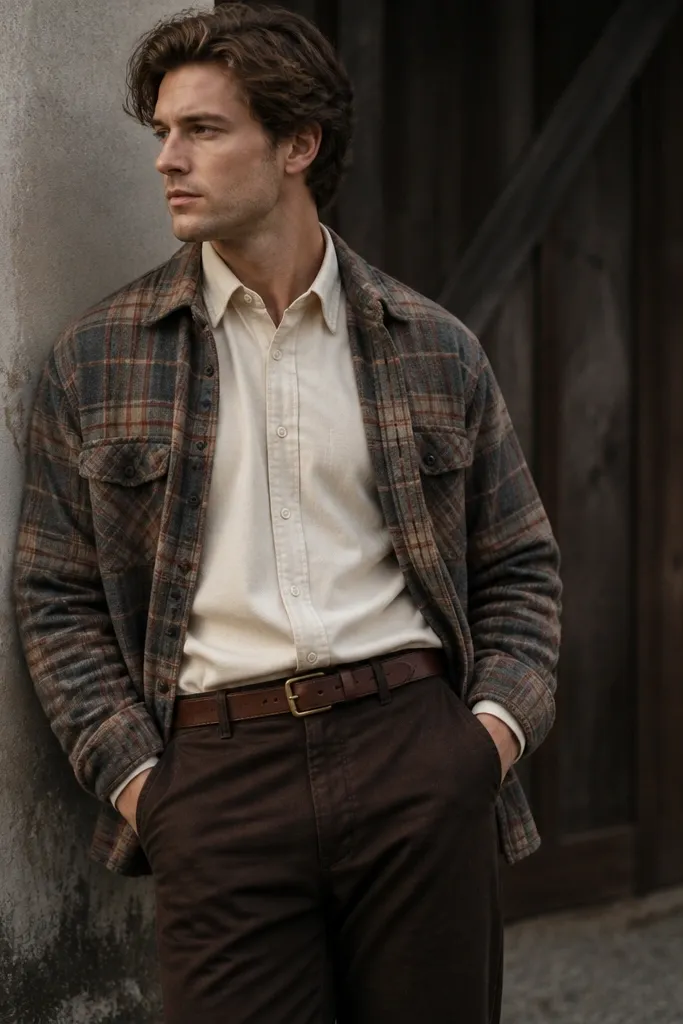 A weathered plaid flannel overshirt layered over a cream dress shirt, with dark brown trousers. The flannel is left open, showing a clean collar and a brown belt.