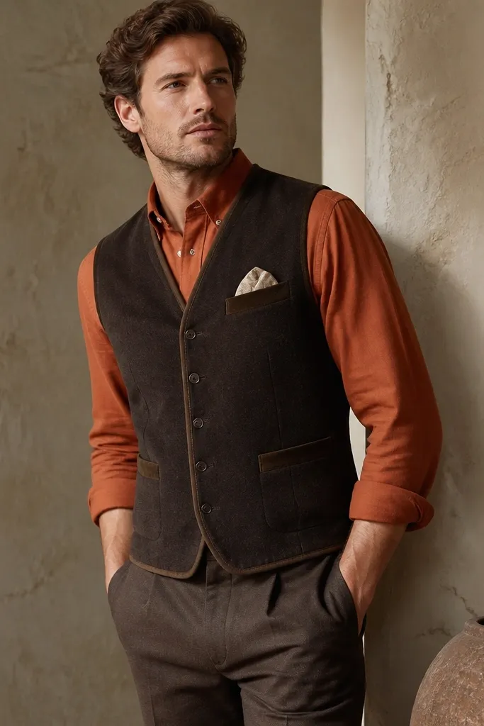 A dark earth-toned vest with subtle suede trim over a button-down in dusty orange. The outfit includes tailored trousers and a pocket square in muted cream.