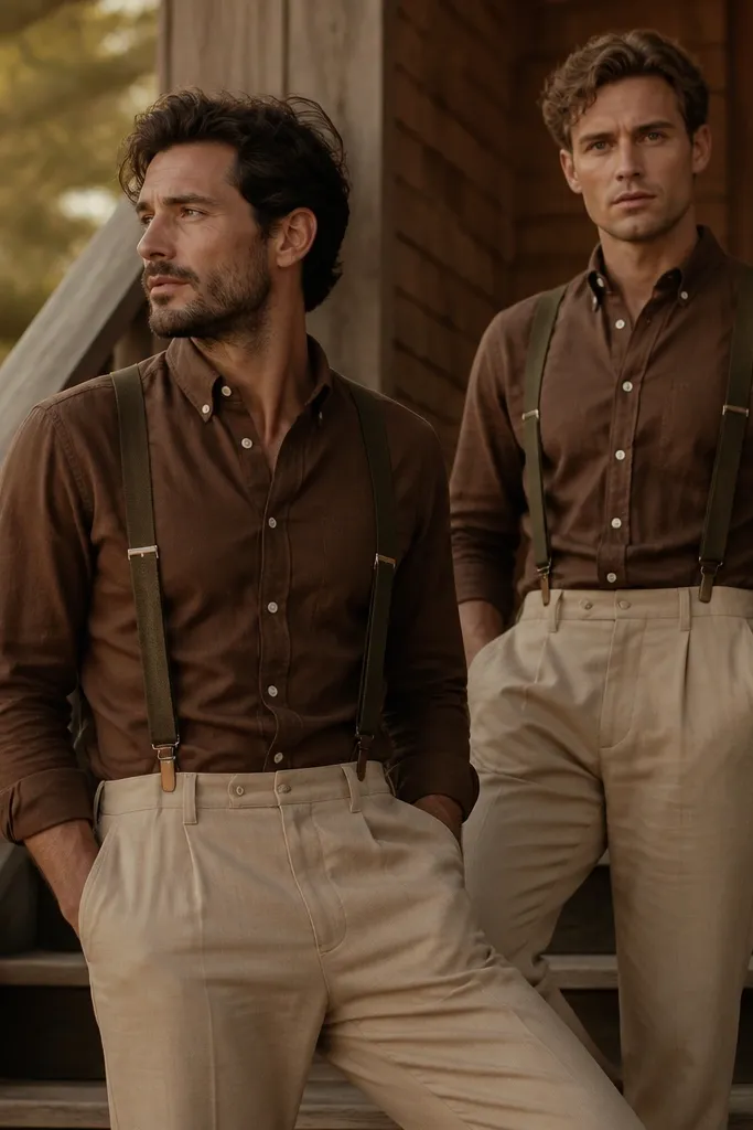 A brown Oxford button-down with olive suspenders, paired with beige trousers. The scene shows the men standing on wooden steps with warm, golden lighting.