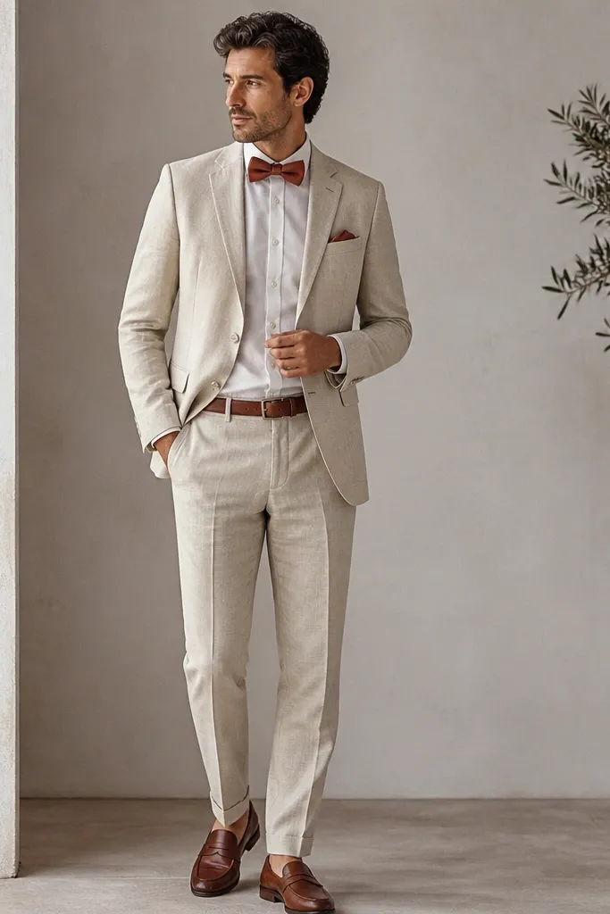 A light tan linen two-piece suit with a rust accent bow tie and a pale shirt. The outfit is styled with a simple brown leather belt and loafers.
