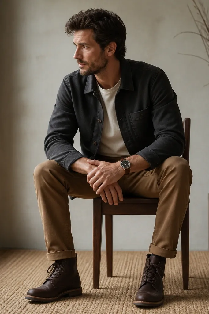 A charcoal brushed cotton jacket over a cream tee, paired with camel chinos. The styling includes a brown leather watch strap and lace-up boots.