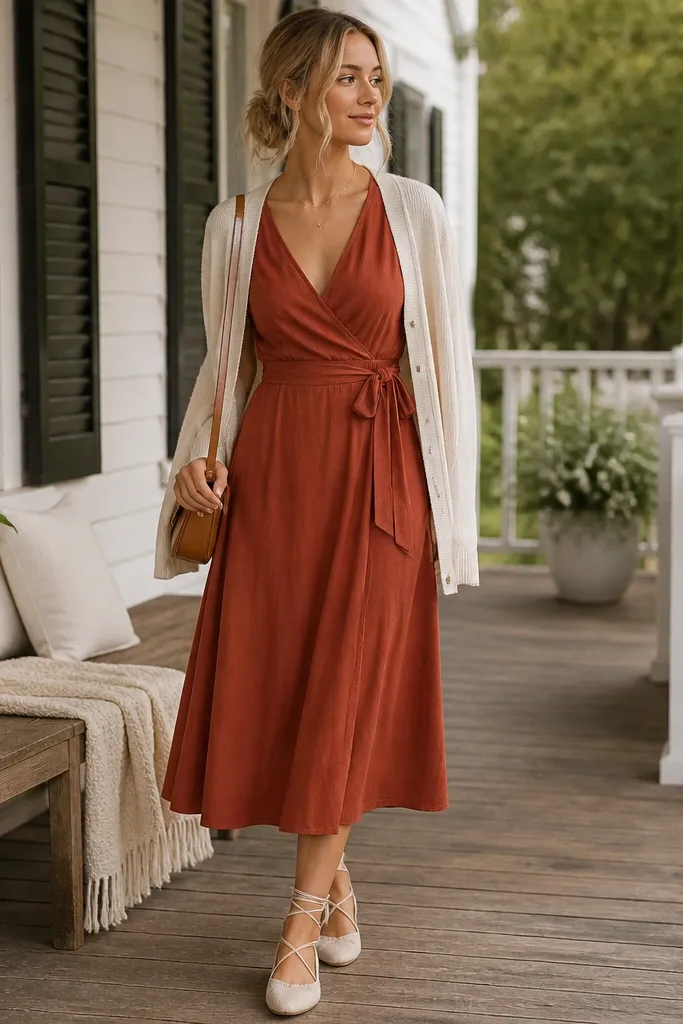 A rust wrap midi dress with a soft V-neck and subtle texture, styled with cream lace-up flats. The image includes a small crossbody bag and a light cardigan on a wooden porch.