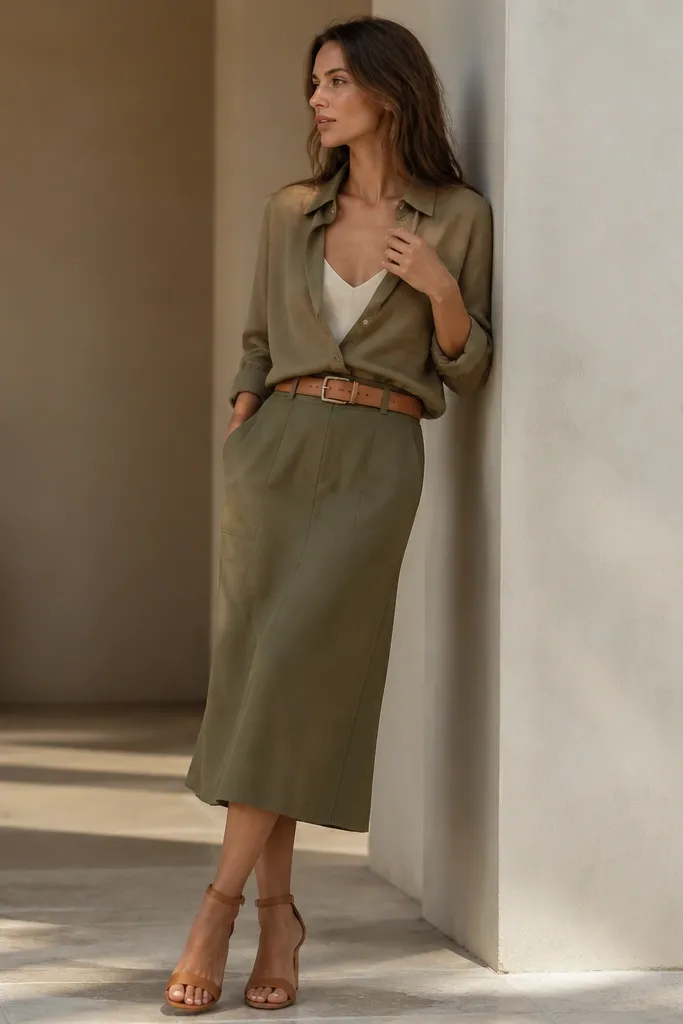 An olive button-down top tucked into an olive midi skirt, cinched with a tan belt. The set is styled with a cream camisole underneath and tan heeled sandals.