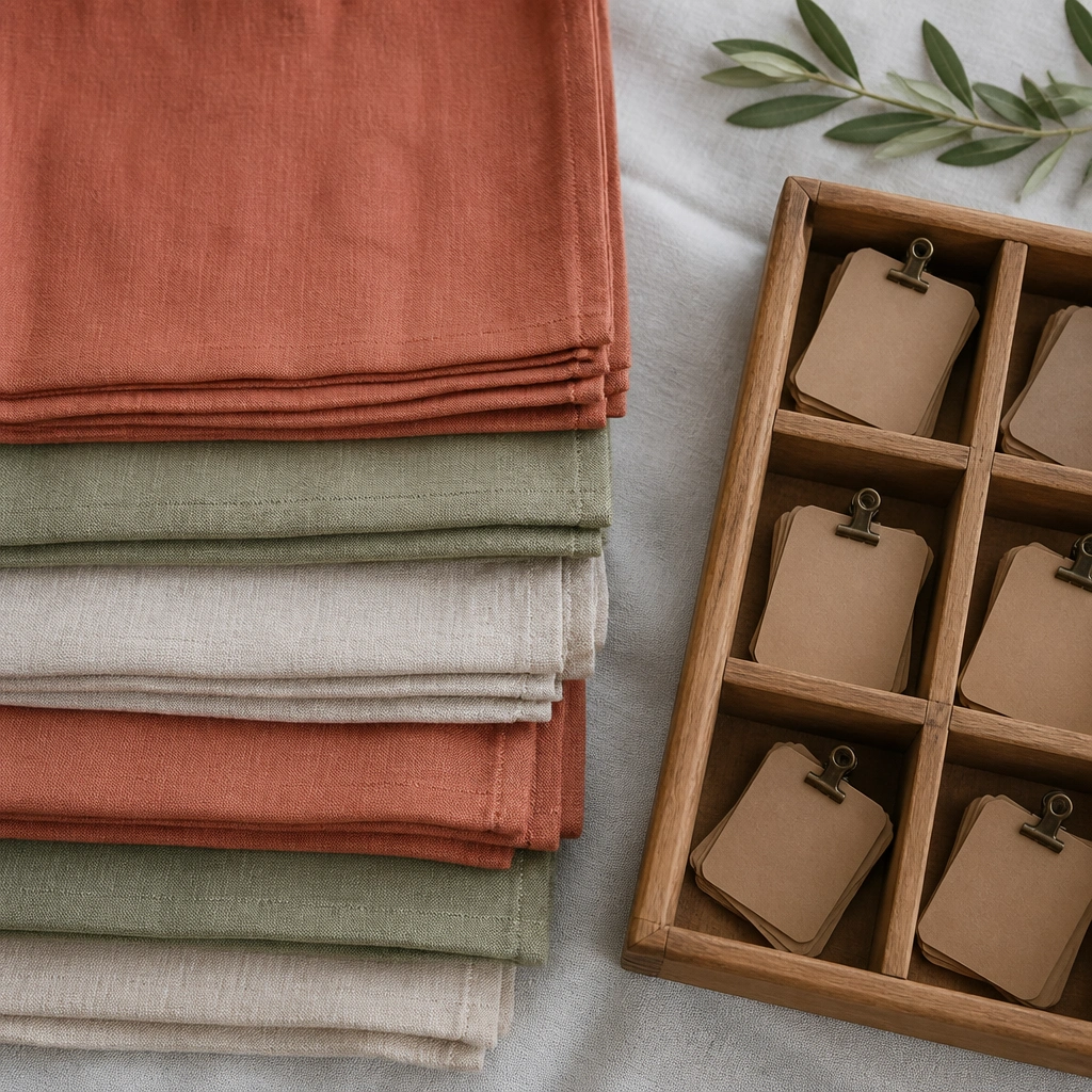 A top-down photo of stacked linen table runners in clay and sage tones, beside small kraft paper labels clipped to a wooden drawer organizer.