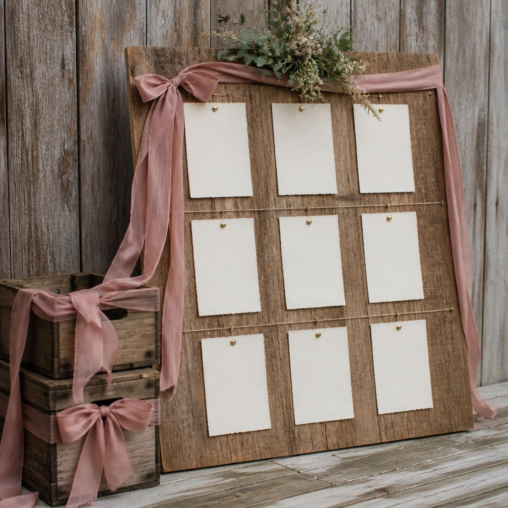 A rustic seating plan board leaning against weathered wood planks, with dusty rose ribbon tied to small storage crates labeled in neat handwriting.