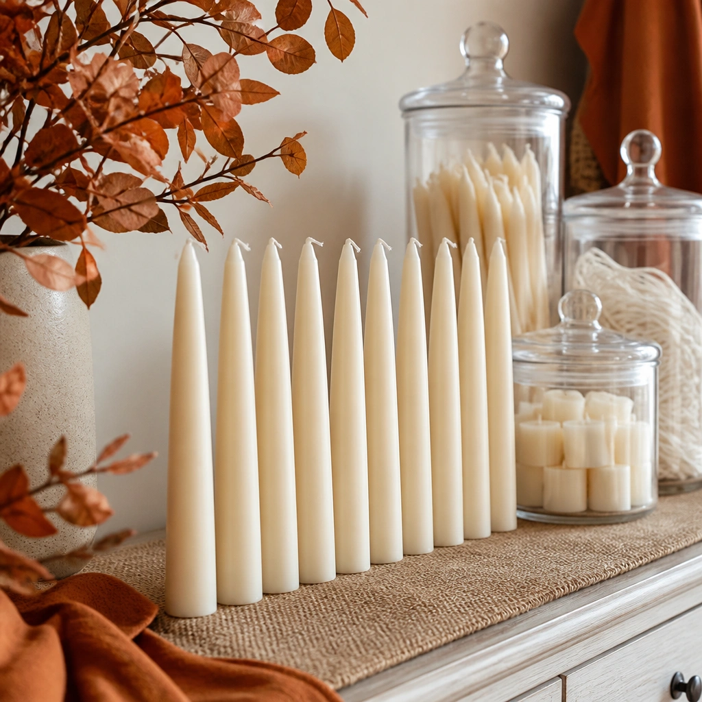 A row of cream taper candles on a burlap runner with burnt orange accents, next to clear lidded containers holding candles and wicks.