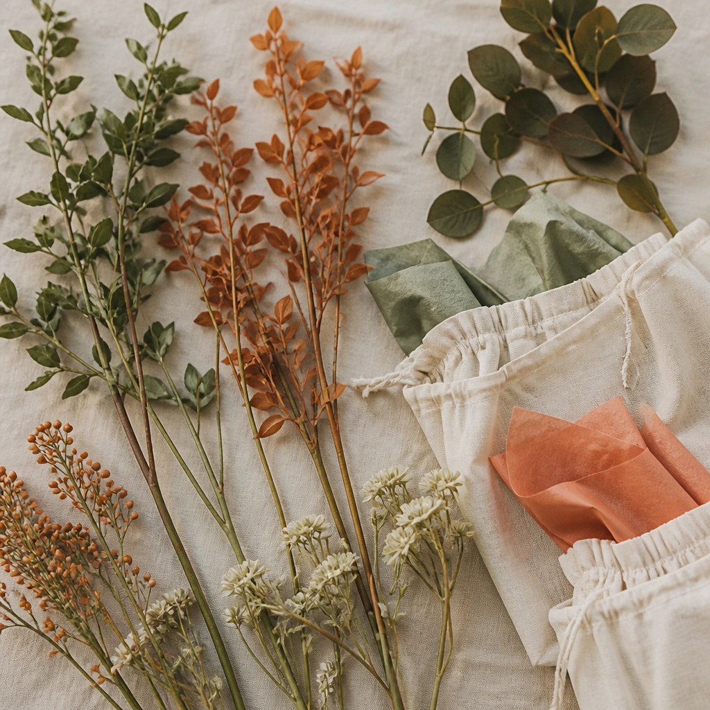 Green and terracotta faux stems laid out beside breathable fabric flower bags, with tissue paper in coordinating colors.