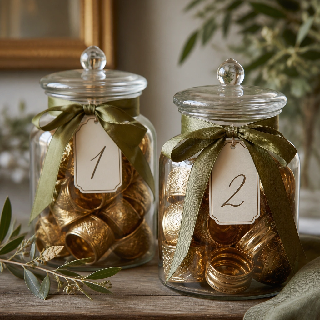 Two glass jars filled with antique gold napkin rings and olive ribbon, each jar labeled with a table number in cursive.