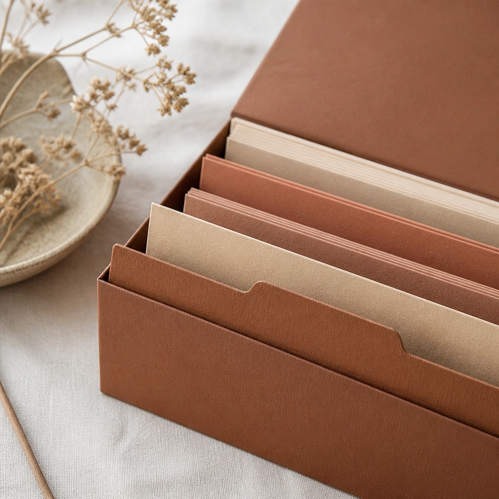 Place cards in rust and sand tones tucked into a folder-style organizer, with a visible tab label reading 'Place Cards'.