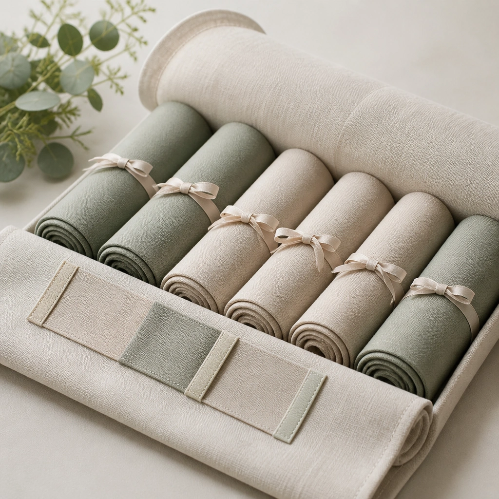 Sage and oatmeal chair sashes rolled neatly with ribbon ties, stored in a long fabric roll with a label strip.