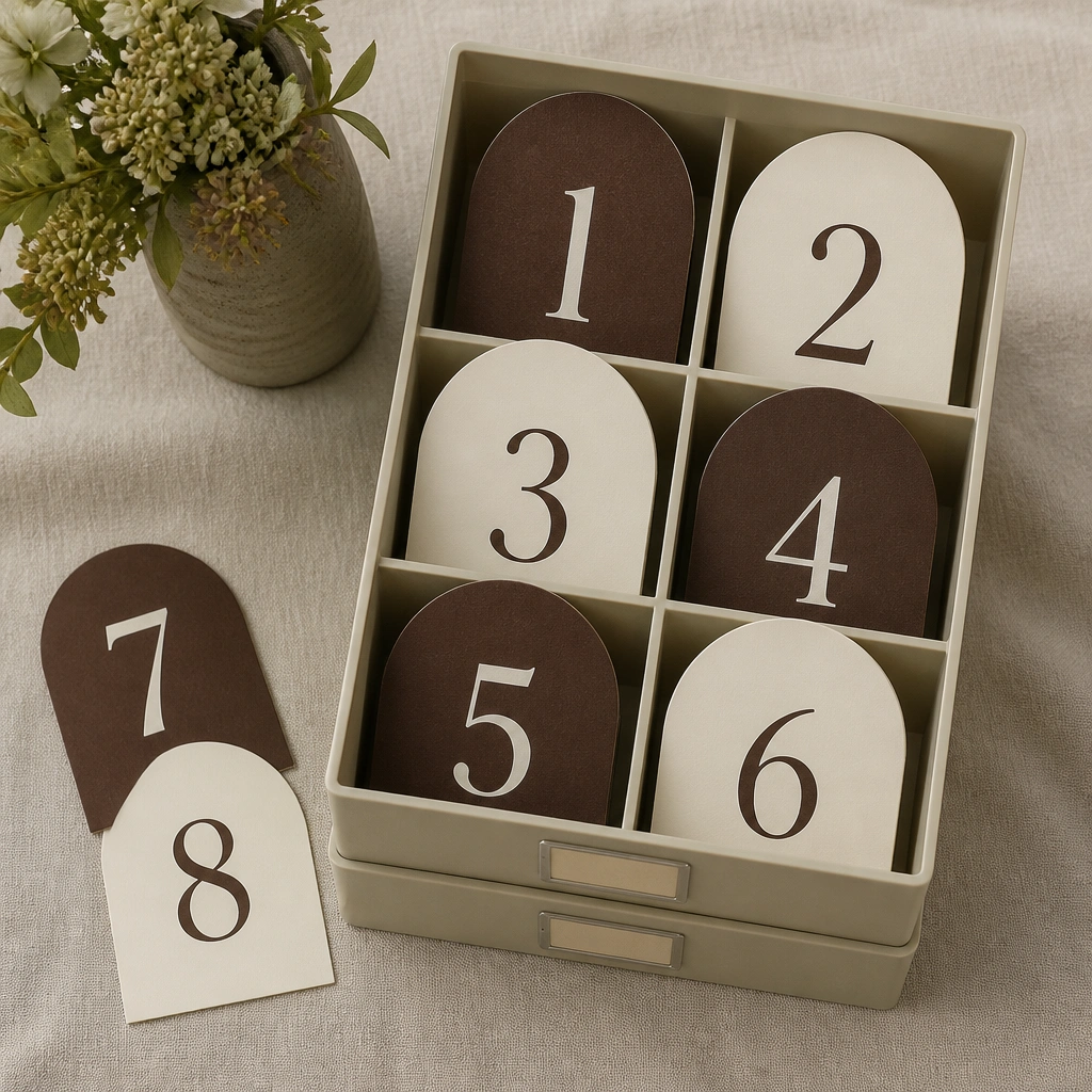 Printed table numbers in warm white and espresso, laid on a stackable organizer box with dividers and small labels.