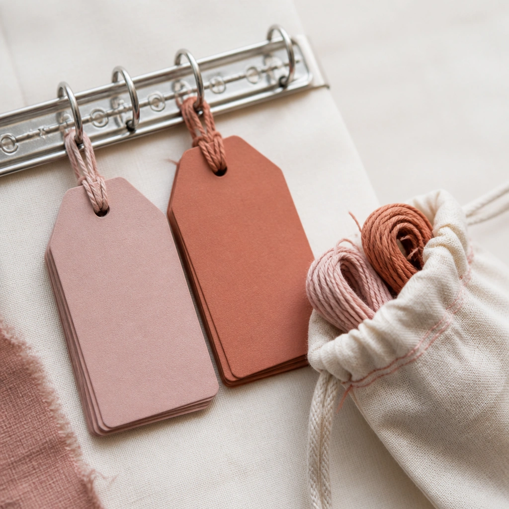 Dusty rose and clay gift tags clipped to a ring binder or metal clip rail, with matching twine stored in a small pouch.