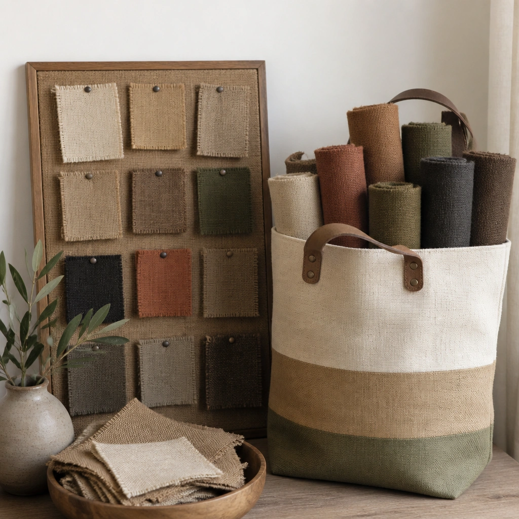 Burlap swatches pinned to a small board, with a color-blocked tote beside it holding rolled fabric pieces labeled by shade.