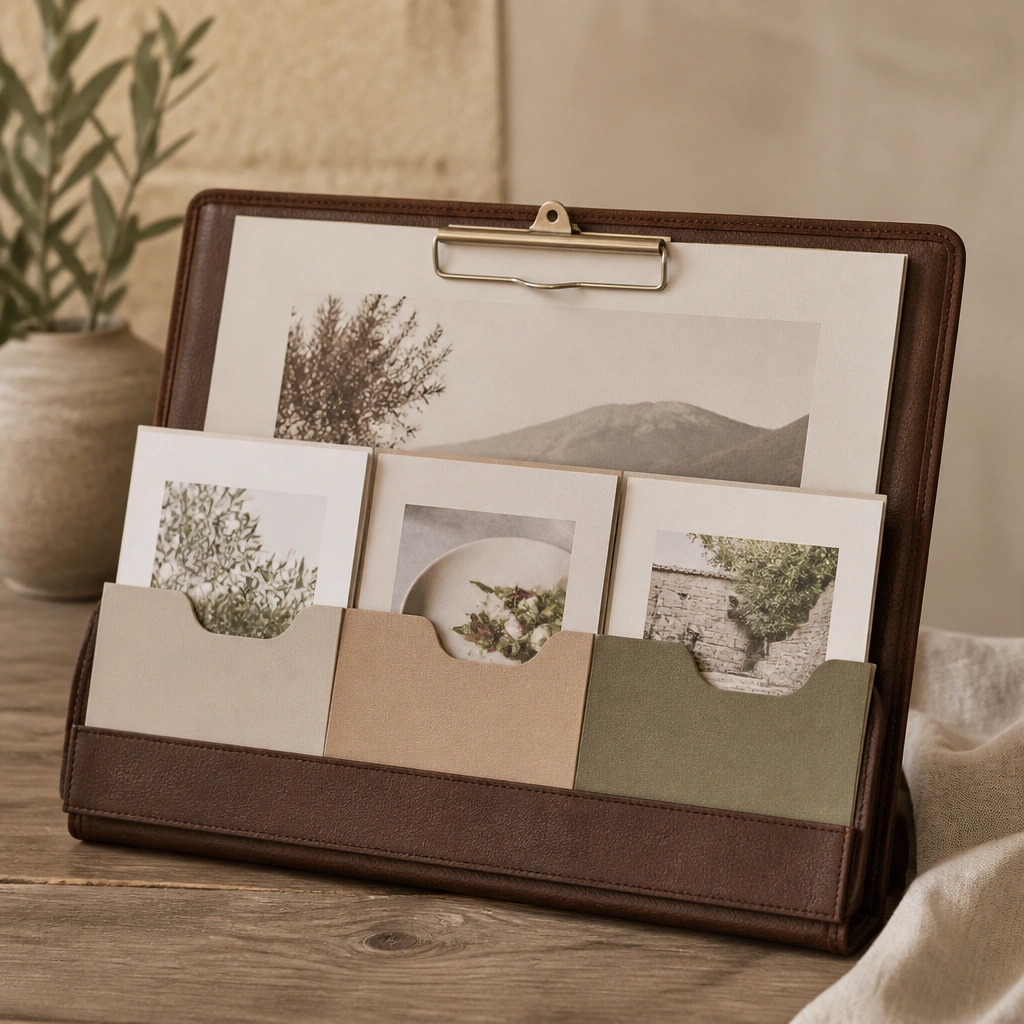A clipboard case holding printed signage, with labeled dividers for 'Welcome', 'Menu', and 'Directions', in a warm neutral palette.
