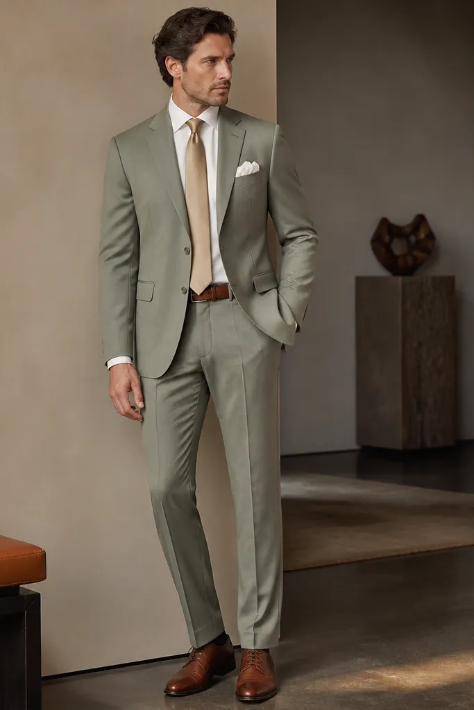 A men’s two-piece suit in muted sage wool with a notch lapel, paired with an ivory shirt that has subtle weave texture. The tie is champagne-gold satin, with a white pocket square folded neatly. Brown leather lace-up shoes and a matching belt complete the look.