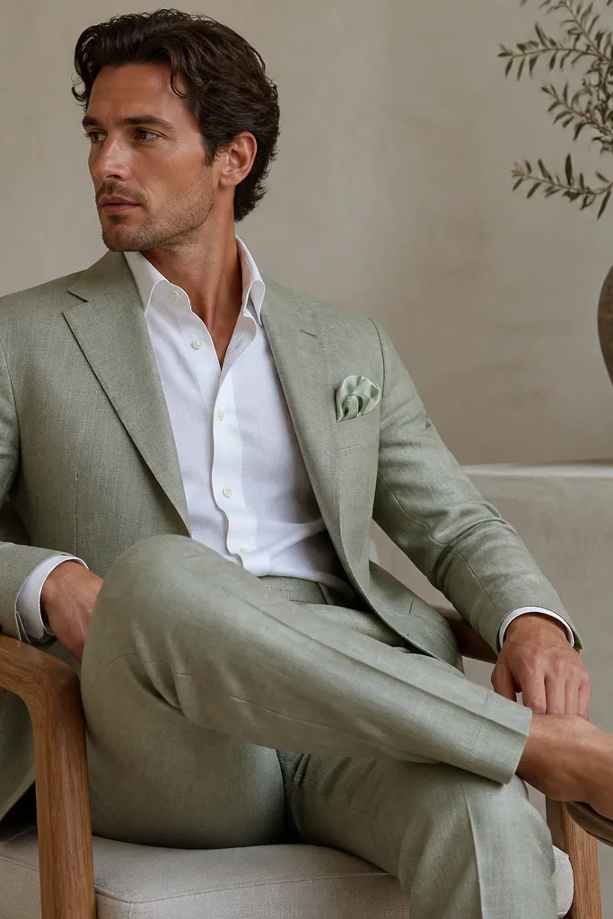 A light sage linen suit with a relaxed drape and slightly slubby fabric. The shirt is white Oxford cotton with visible buttons. A pale green silk pocket square peeks from the breast pocket, and the shoes are tan suede loafers.
