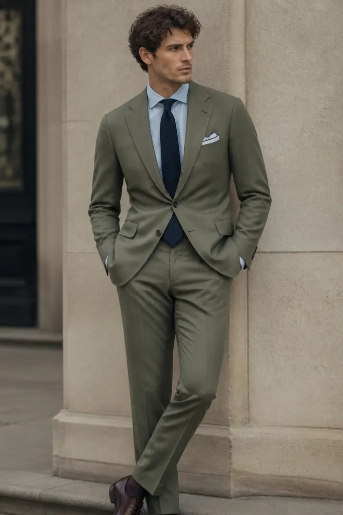 A mid-tone sage suit jacket and trousers with a clean, modern fit. Underneath is a powder blue dress shirt. The tie is navy knit with a subtle texture, and the pocket square is white with a faint blue edge. Dark brown oxford shoes finish it.