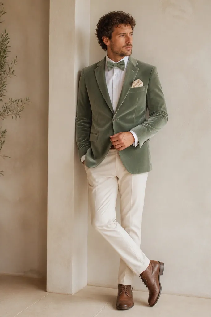 A sage velvet blazer with a soft sheen, paired with cream chinos. The bow tie is a coordinated sage tone with a satin finish. A cream pocket square is tucked casually, and the shoes are brown leather boots.