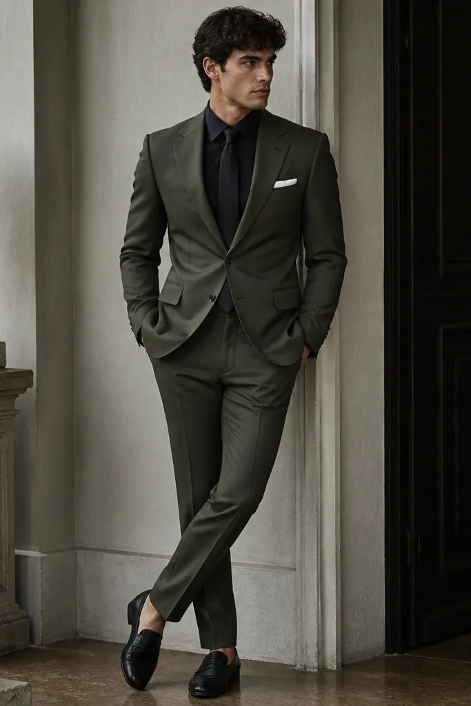 A dark sage suit with structured shoulders and a smooth finish. The dress shirt is black with a clean collar. The tie is black silk with a slight sheen, and the pocket square is white. Black leather loafers complete the look.