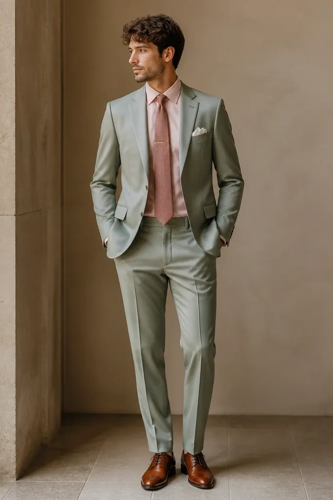 A sage suit jacket and trousers with a satin-like finish. The shirt is blush pink, and the tie is muted rose with a light pattern. A rose-gold tie bar sits centered, with a white pocket square folded flat. The shoes are cognac leather.
