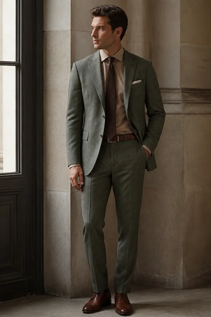 A sage green glen plaid suit with small, tight patterning. The shirt is light tan or camel, and the tie is chocolate brown. A pocket square is cream linen with a slight fold. Brown leather belt and lace-up shoes match in tone.