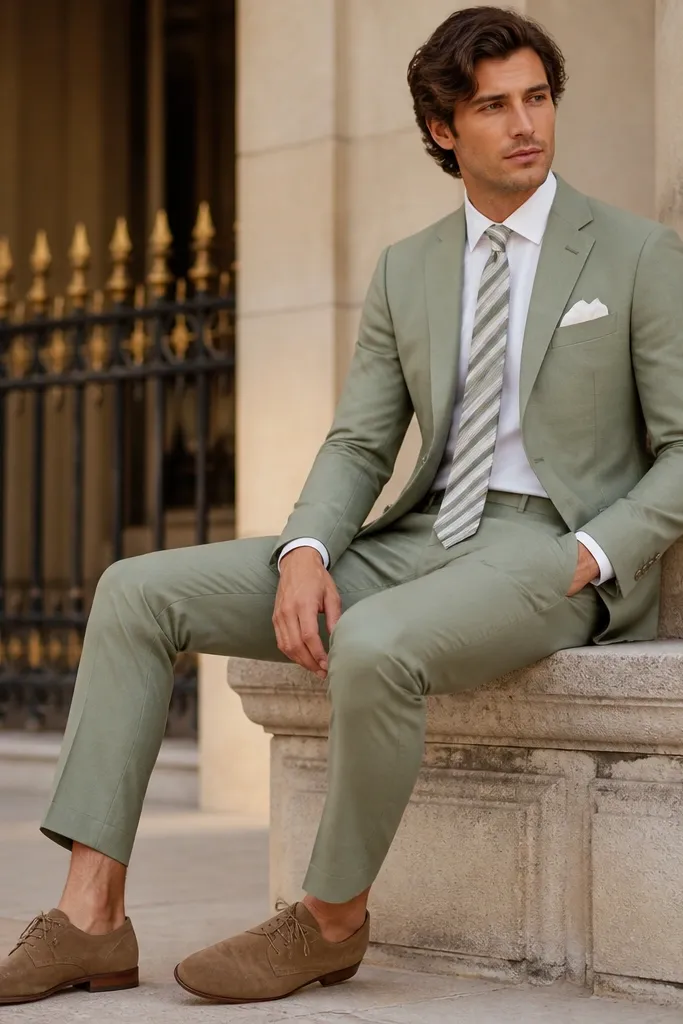 A sage two-piece suit with a clean, modern silhouette. The shirt is bright white, and the tie is a narrow striped design mixing sage and white. The pocket square is white linen, and the shoes are light brown suede.