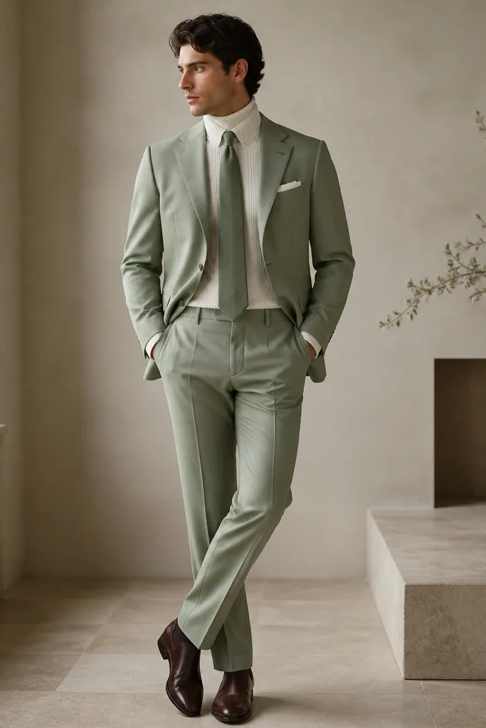 A sage suit jacket layered over an off-white roll-neck sweater. The tie is in a muted sage tone, slightly darker than the suit jacket. A white pocket square peeks out, and the trousers are tailored with a clean break. Shoes are dark brown leather.