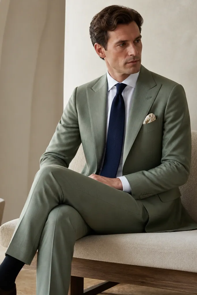 A sage suit with a smooth wool finish. The shirt is white, and the tie is navy silk. A cream pocket square shows a small floral print in soft green and gold tones. Shoes are dark brown oxfords.
