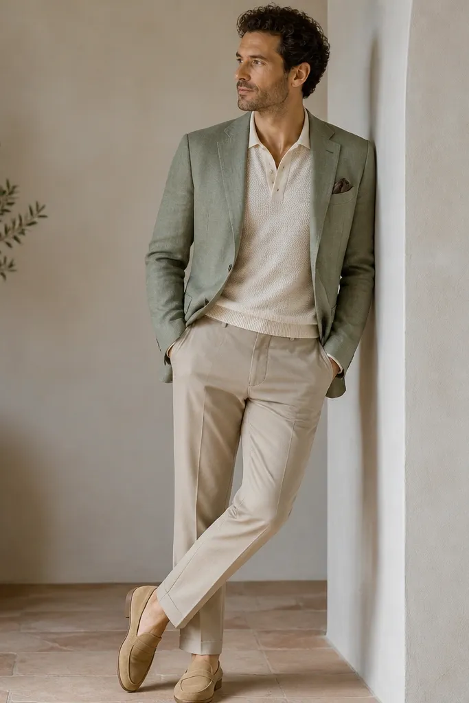 A sage linen blazer worn open over a light cream knit polo, with stone chinos and tan suede loafers.