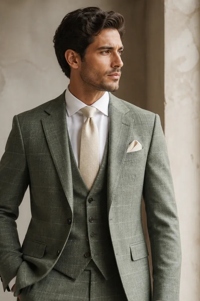A sage-green checked suit with a white dress shirt, a minimal tie in muted ivory, and a neatly folded pocket square.
