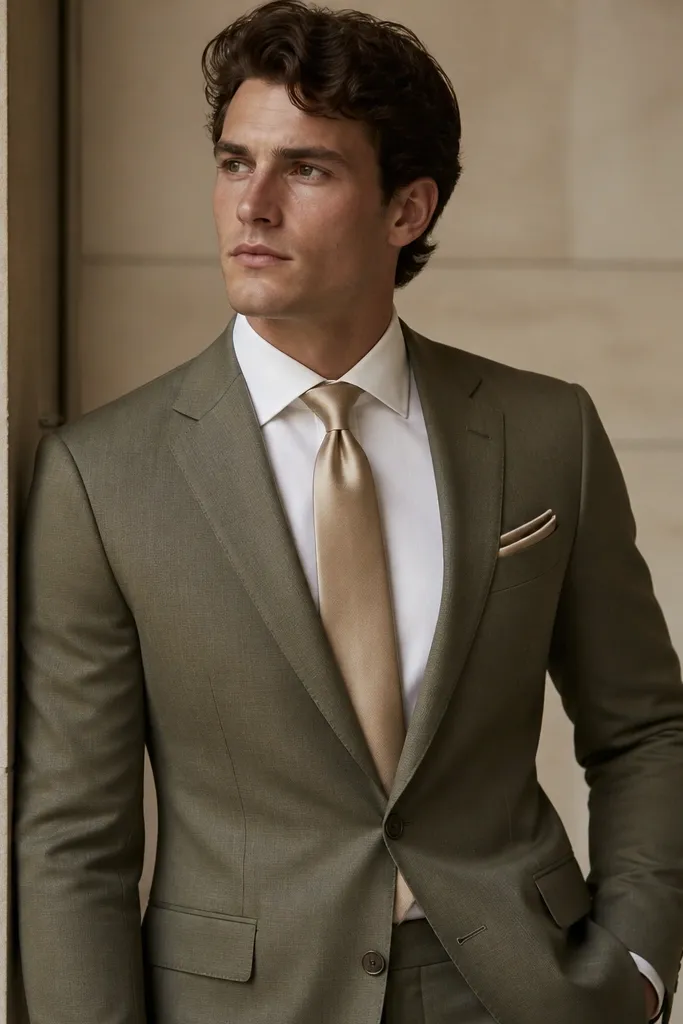 An olive-sage twill suit with a champagne satin necktie, paired with a white shirt and a matching pocket square edge.
