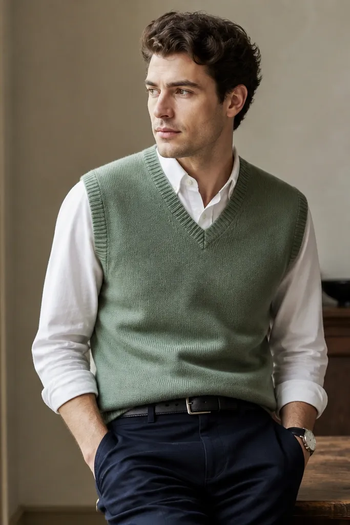 A sage knitted vest over a white shirt, with navy trousers and a dark belt, finished with a simple watch and no tie.