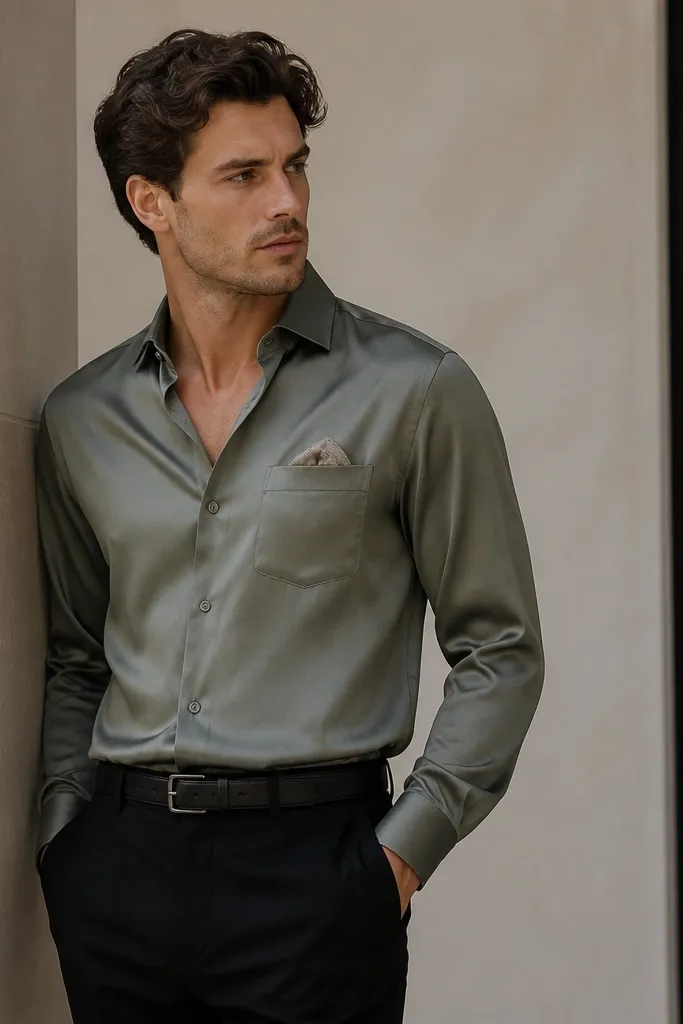 Men’s sage satin-blend dress shirt tucked into black dress pants, with a black belt and a neutral pocket square.