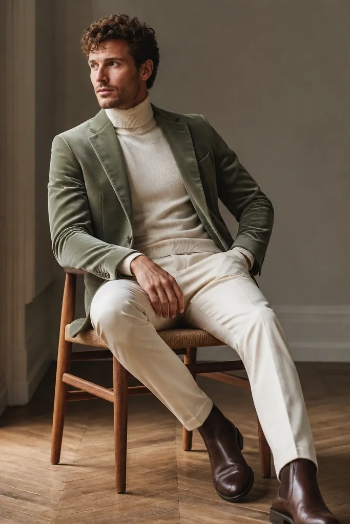 A sage velvet jacket with a cream turtleneck, cream chinos, and dark brown leather boots.