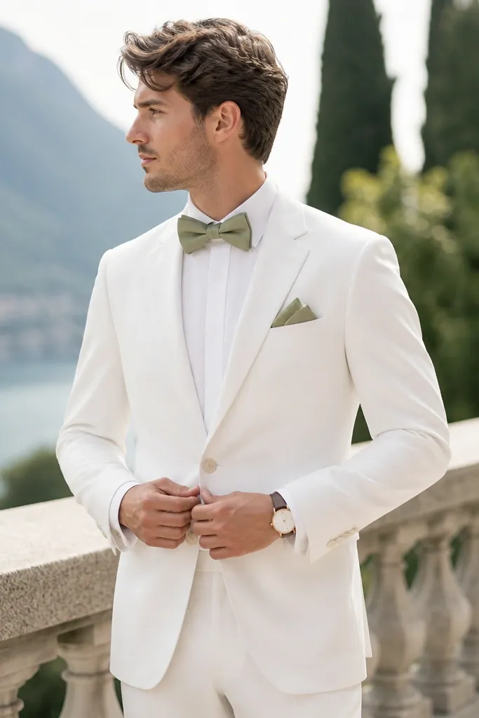 A white suit with a sage bow tie, a sage pocket square, and a simple watch, photographed in a bright outdoor setting.