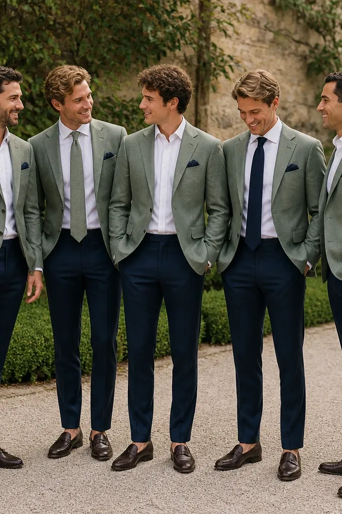 A group photo vibe: men wearing dusty sage wool blazers over white shirts, paired with tailored navy trousers. One groomsman has a tonal sage tie, another has a navy tie, and all shoes are dark brown loafers.